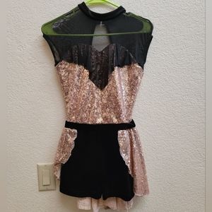 Revolutionn Rose Gold sequin and black velvet shorts half skirt unitard